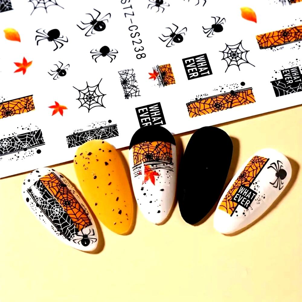6pc Halloween Pumpkin Spiders Fall Autumn Nail Art Stickers - Self Adhesive